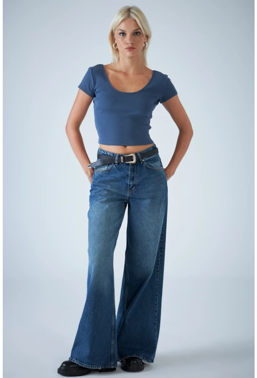 Kadın Mavi Yüksel Bel Palazzo Kesim Jean TSS827