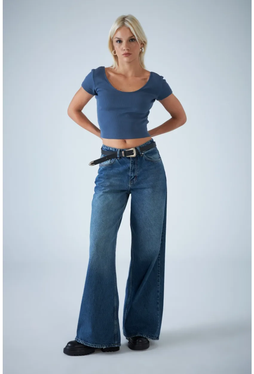 Kadın Mavi Yüksel Bel Palazzo Kesim Jean TSS827