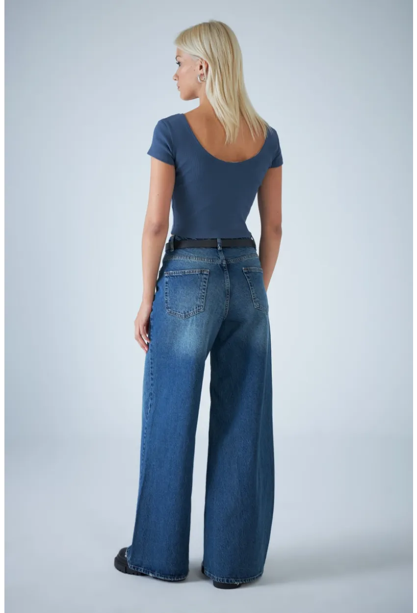 Kadın Mavi Yüksel Bel Palazzo Kesim Jean TSS827