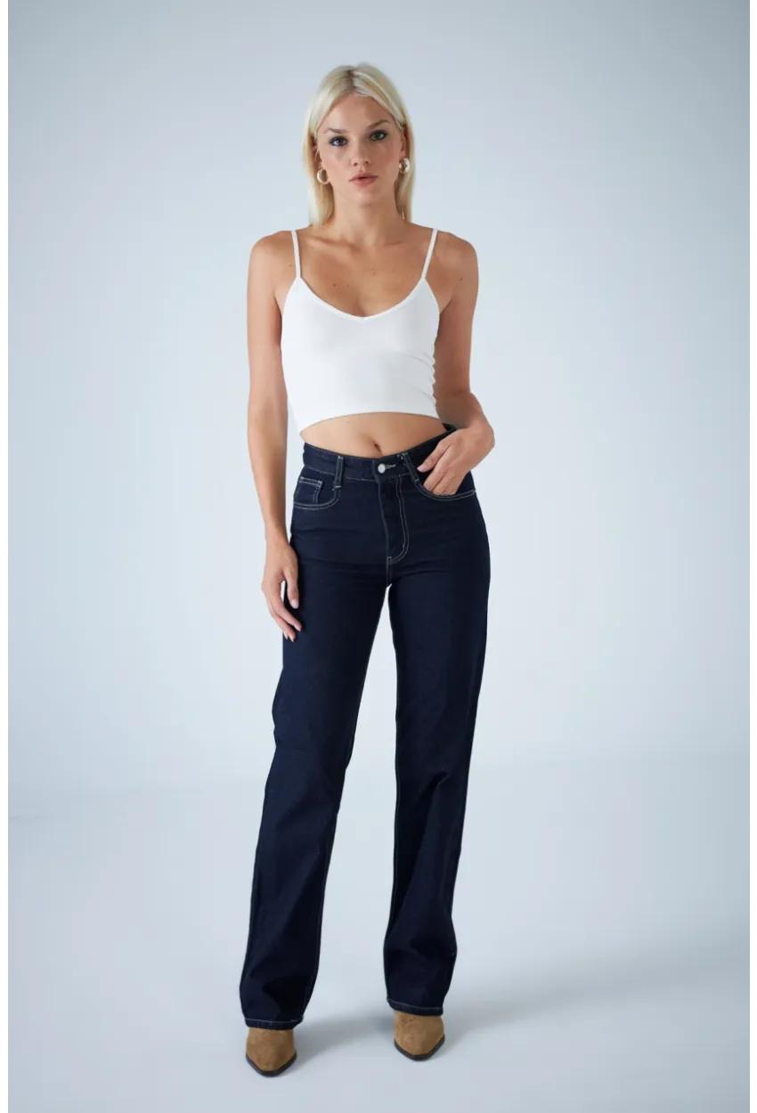 Kadın Mavi Yüksel Bel Düz Kesim Jean TSS488