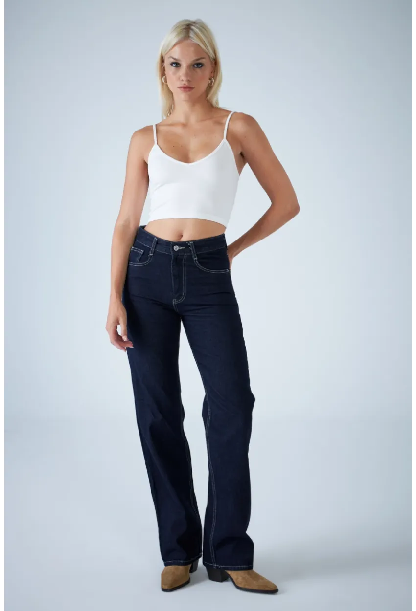 Kadın Mavi Yüksel Bel Düz Kesim Jean TSS488