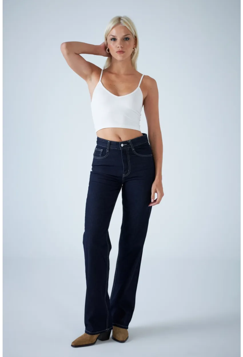 Kadın Mavi Yüksel Bel Düz Kesim Jean TSS488