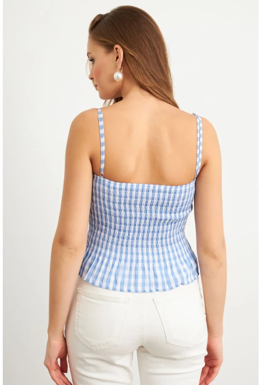 Kadın Mavi Ekose Lastikli Crop Bluz MTK13397