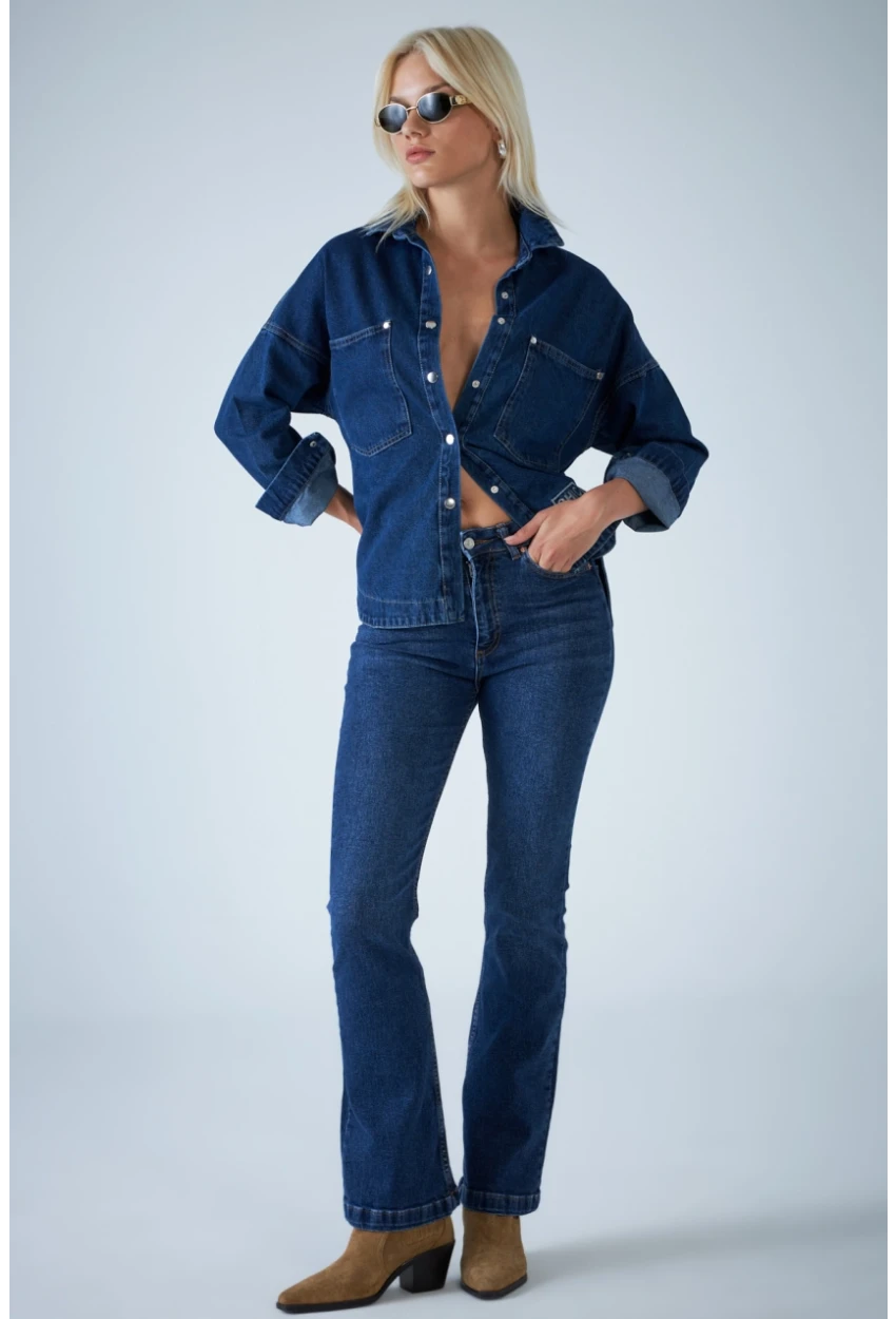 Kadın Mavi Orta Bel İspanyol Paça Jean TSS2023-1