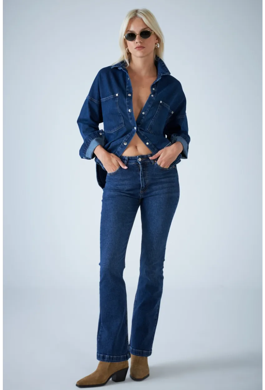 Kadın Mavi Orta Bel İspanyol Paça Jean TSS2023-1