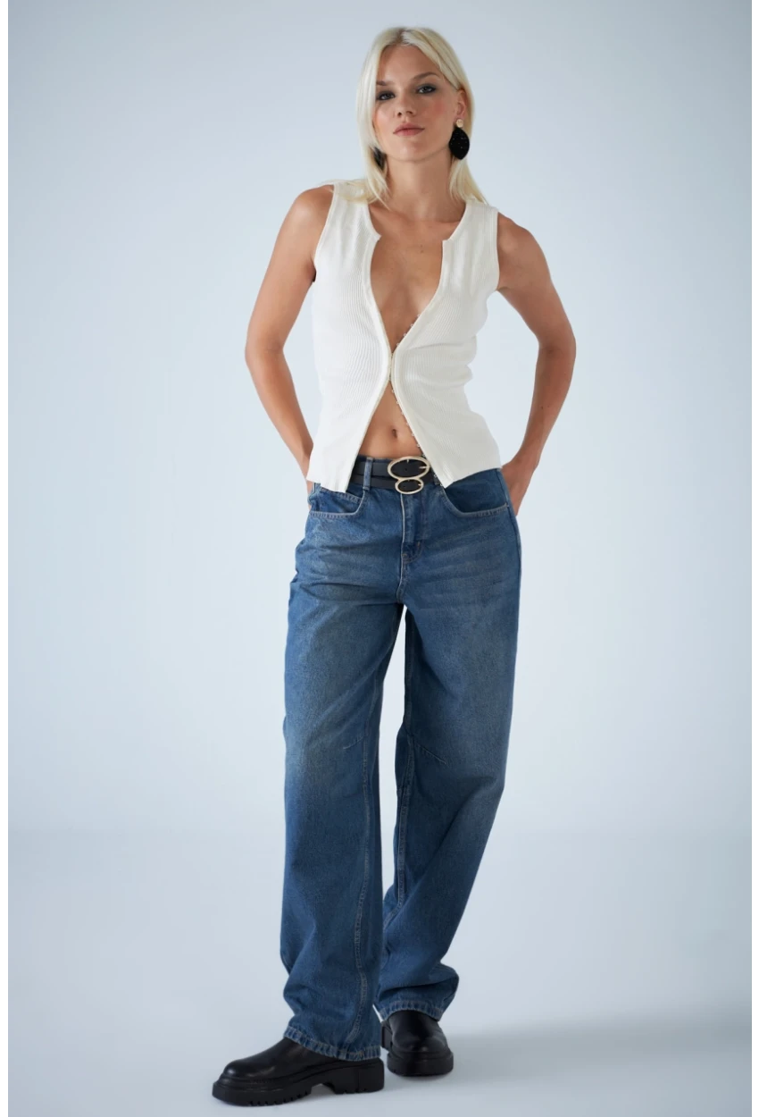 Kadın Mavi Yüksek Bel Baggy Jean TSS388