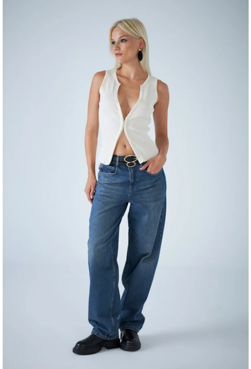 Kadın Mavi Yüksek Bel Baggy Jean TSS388