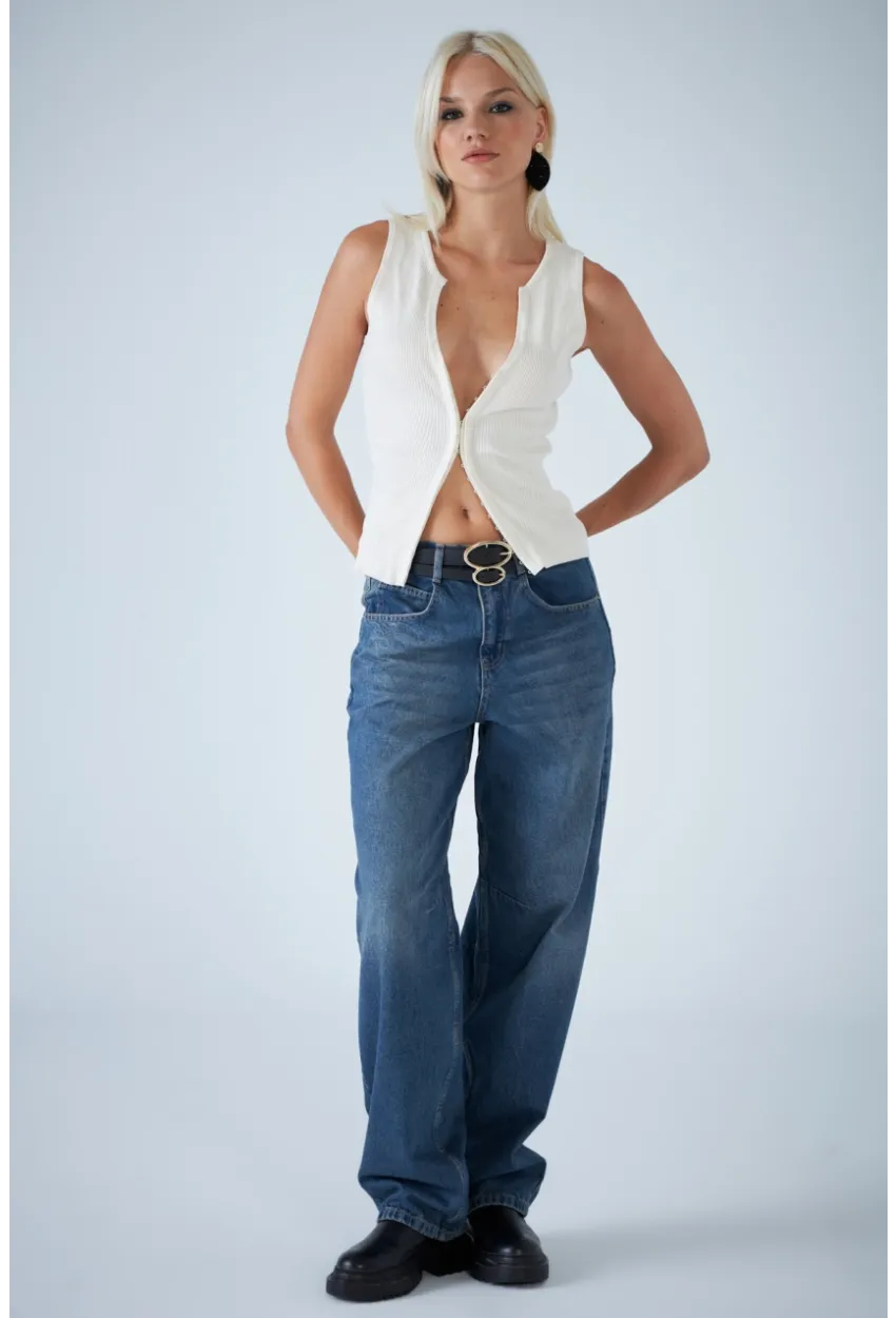 Kadın Mavi Yüksek Bel Baggy Jean TSS388