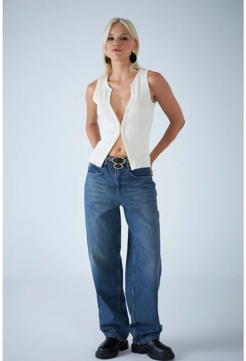 Kadın Mavi Yüksek Bel Baggy Jean TSS388