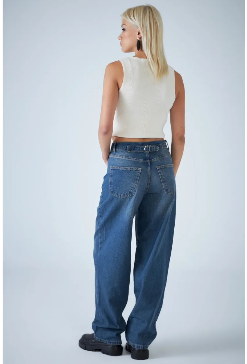 Kadın Mavi Yüksek Bel Baggy Jean TSS388