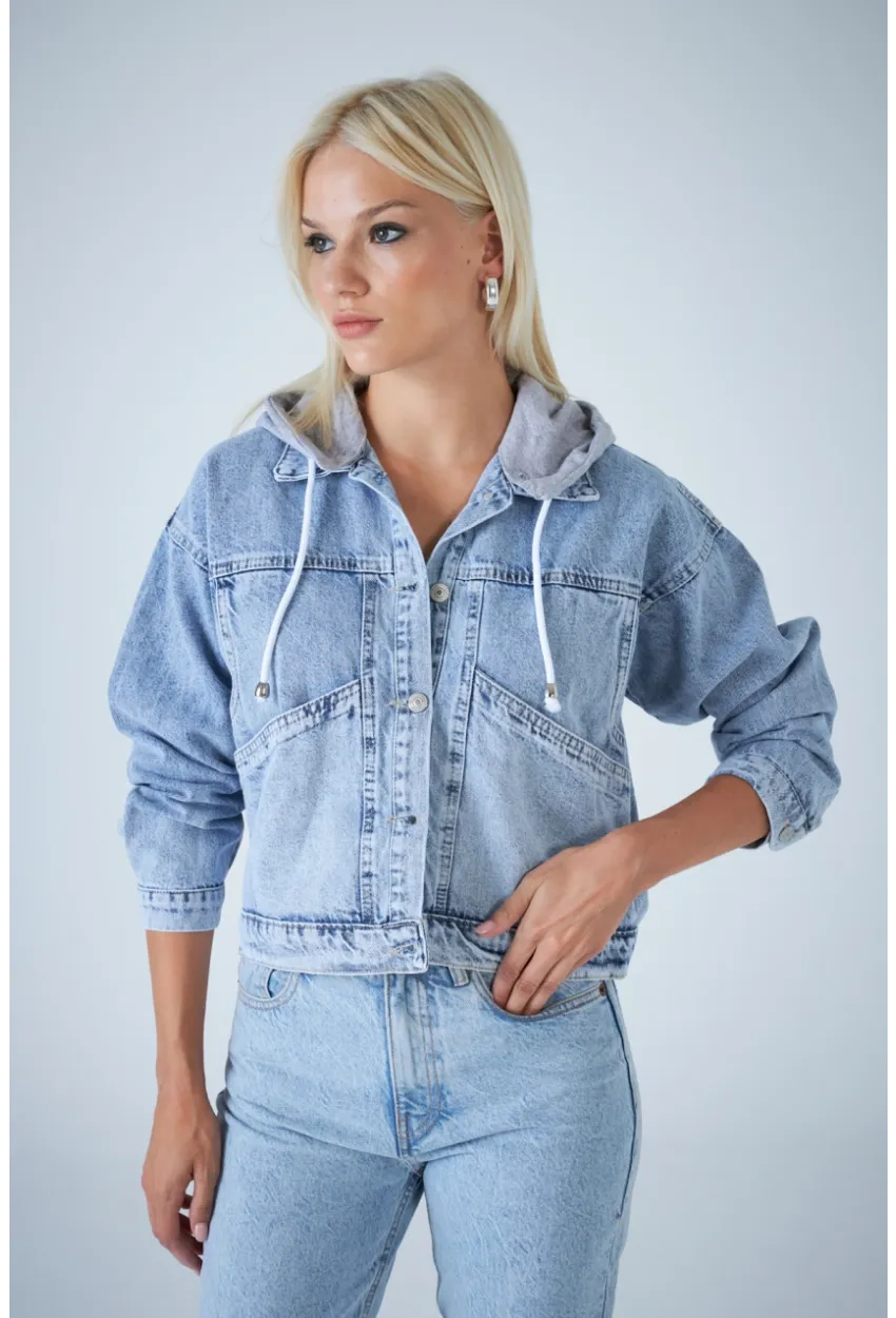 Kadın Mavi Kapüşonlu Denim Ceket TSS100