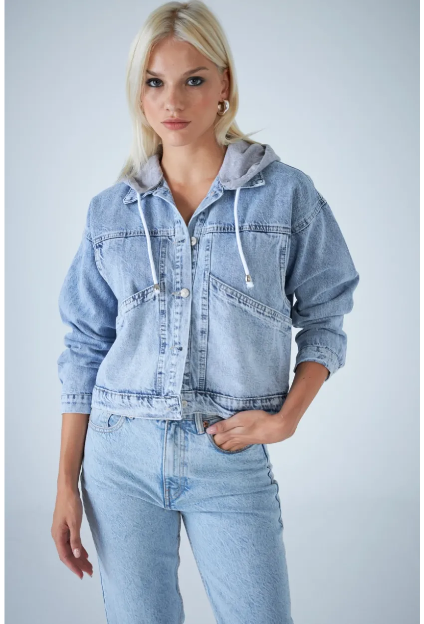 Kadın Mavi Kapüşonlu Denim Ceket TSS100