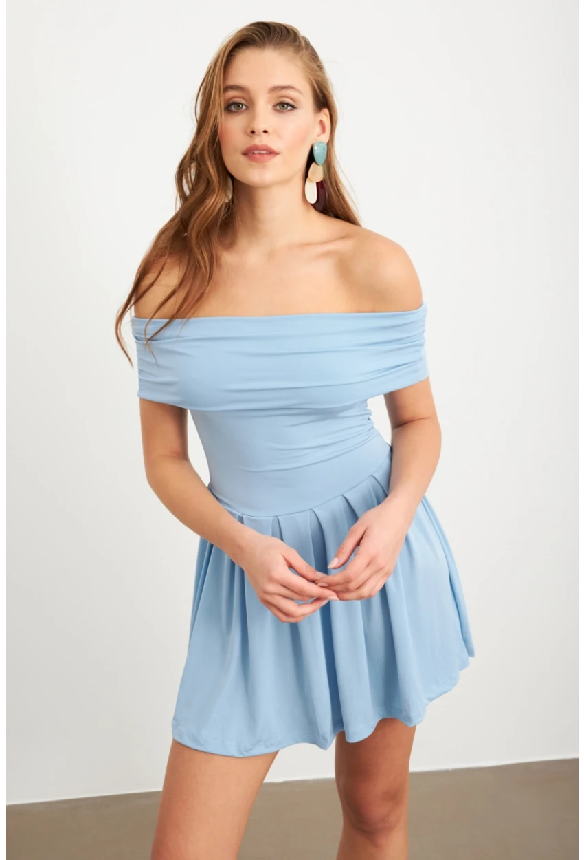 Kadın Mavi Madonna Yaka Midi Elbise MON1262-1