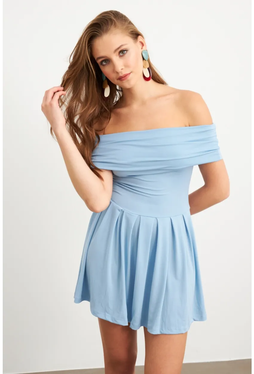 Kadın Mavi Madonna Yaka Midi Elbise MON1262-1