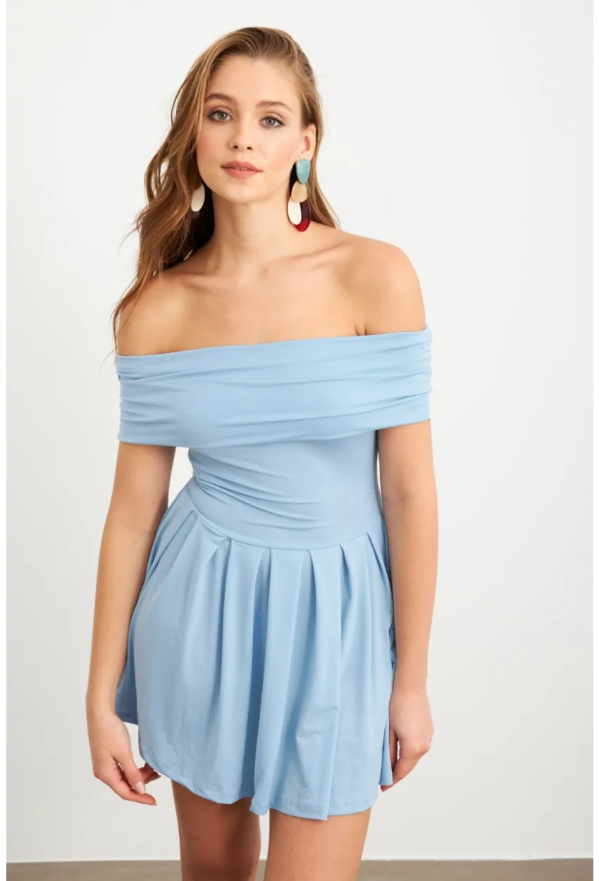 Kadın Mavi Madonna Yaka Midi Elbise MON1262-1