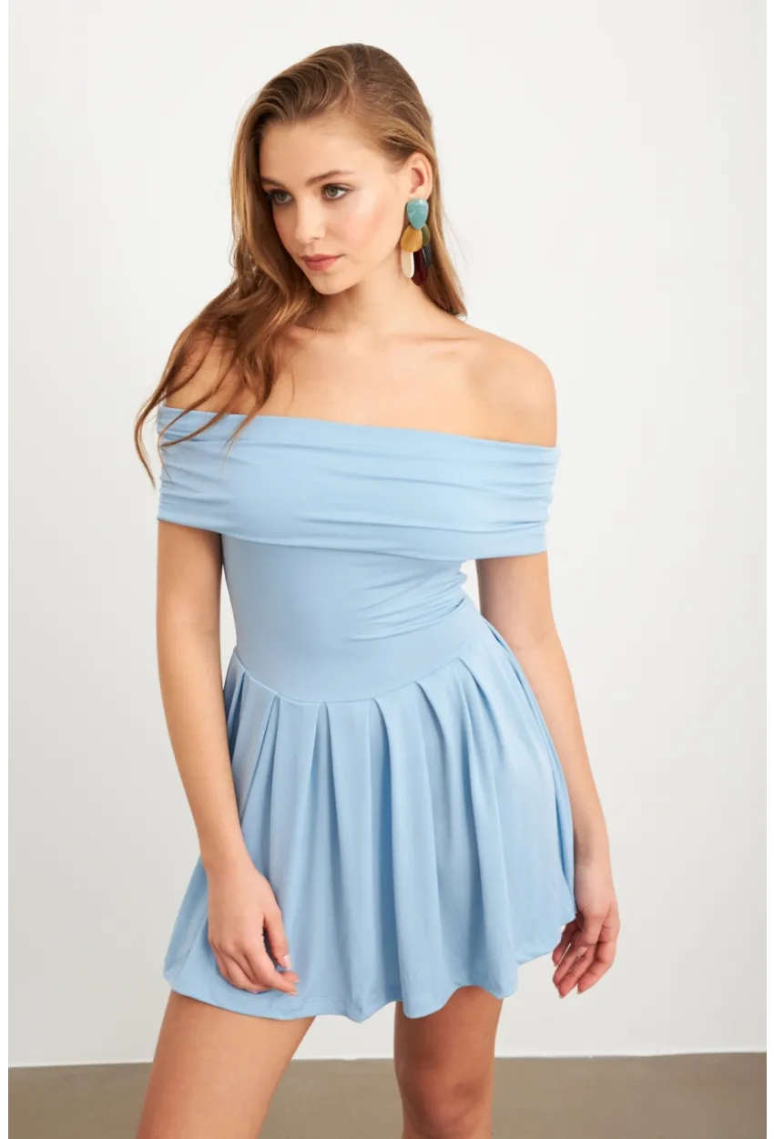 Kadın Mavi Madonna Yaka Midi Elbise MON1262-1