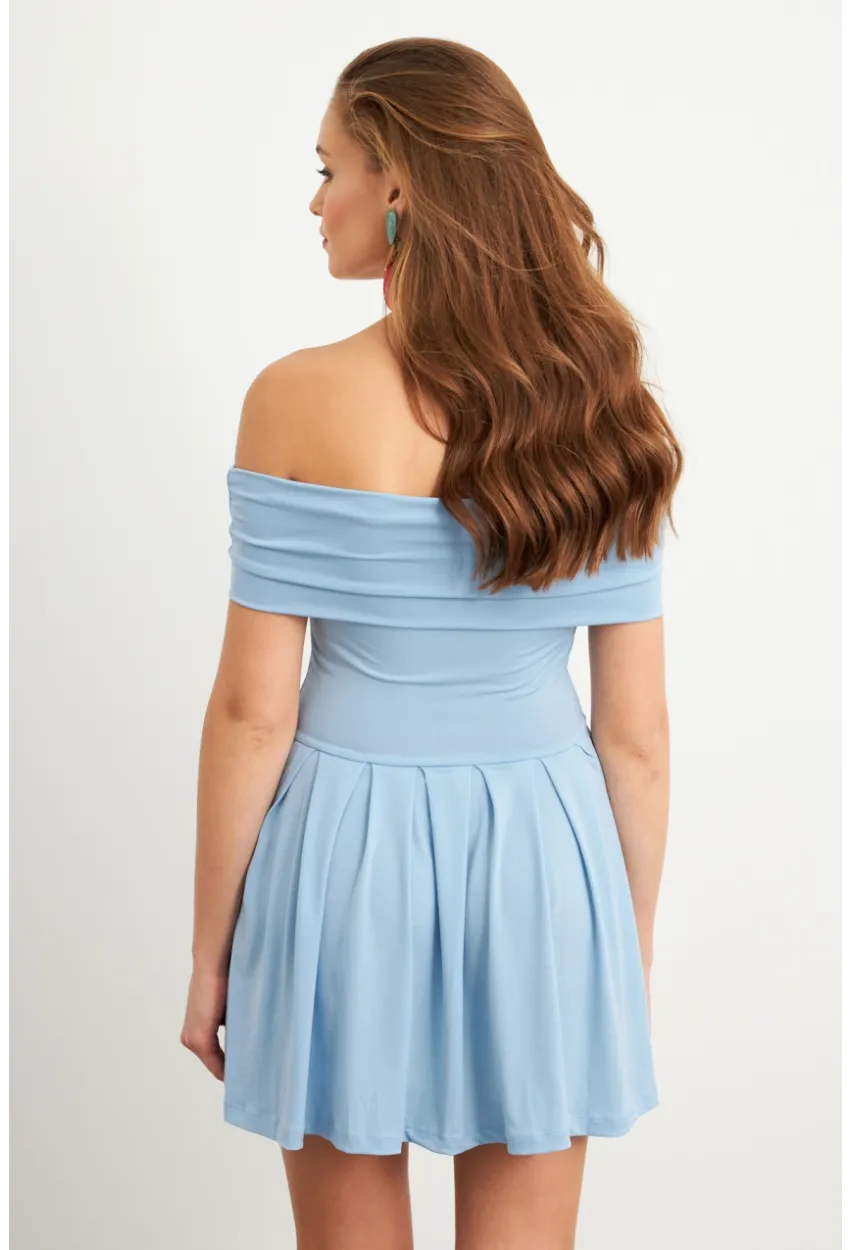 Kadın Mavi Madonna Yaka Midi Elbise MON1262-1