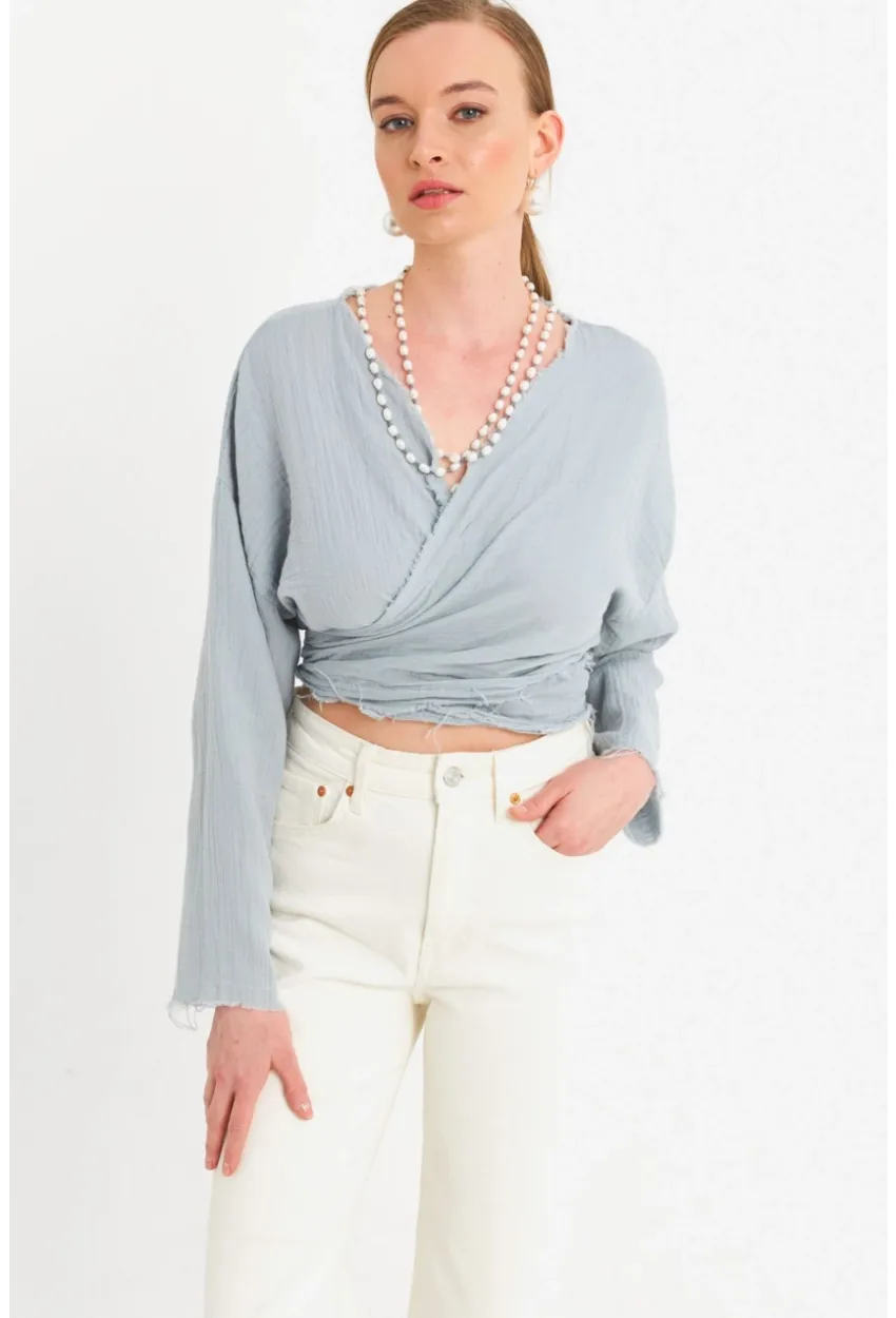 Kadın Mavi Müslin Crop Bluz PC20700