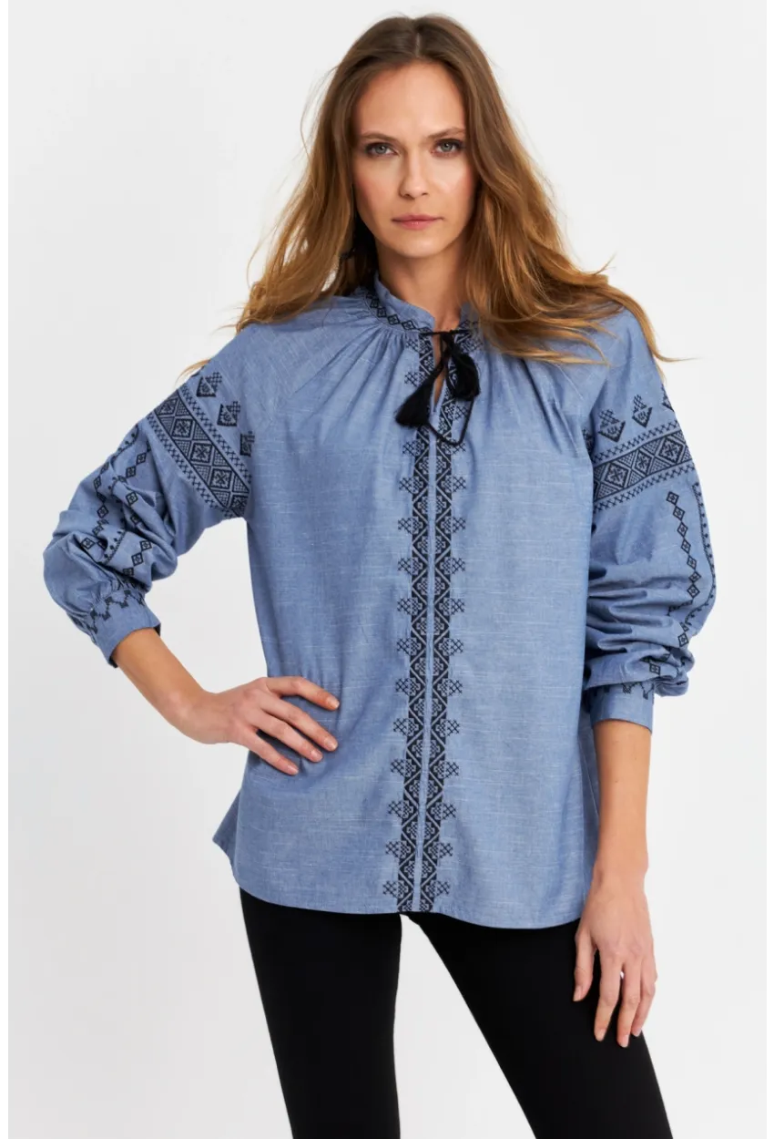 Kadın Mavi Nakışlı Bluz MQS5699