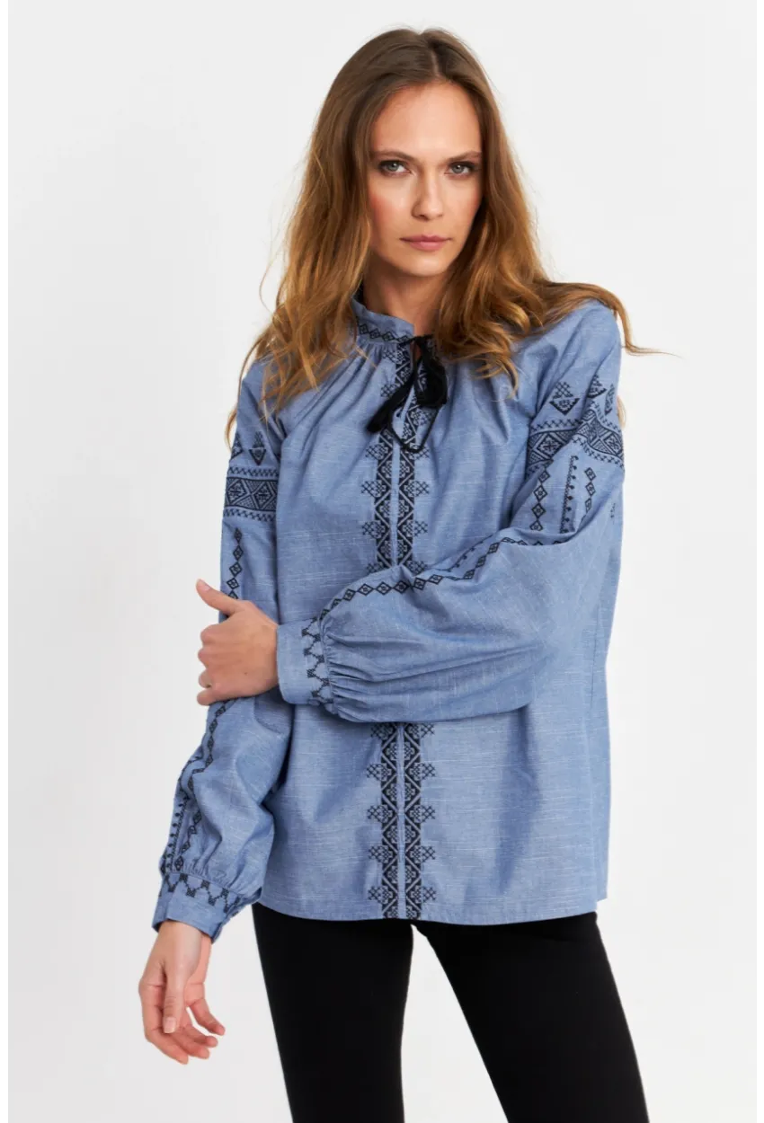 Kadın Mavi Nakışlı Bluz MQS5699