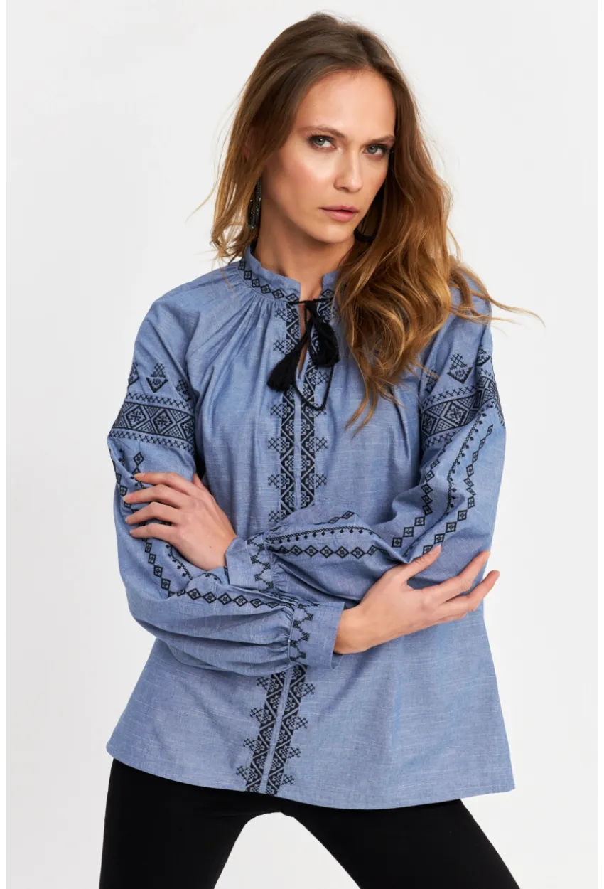 Kadın Mavi Nakışlı Bluz MQS5699