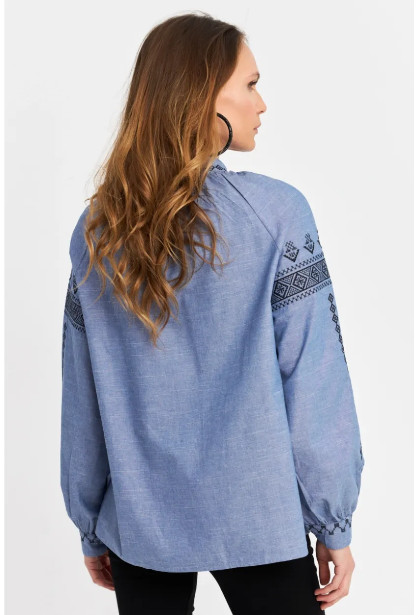 Kadın Mavi Nakışlı Bluz MQS5699