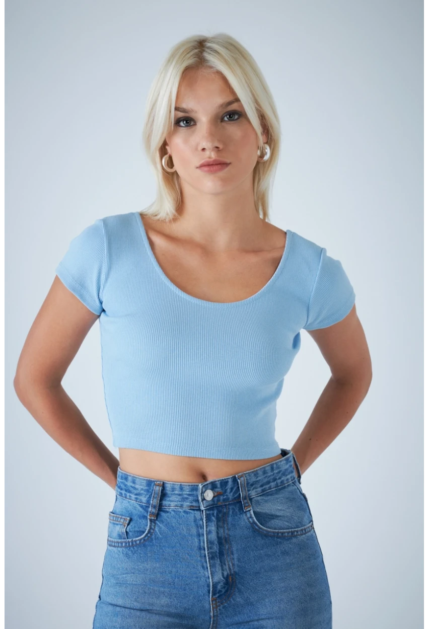 Kadın Mavi Ön Arka U Bluz EV57