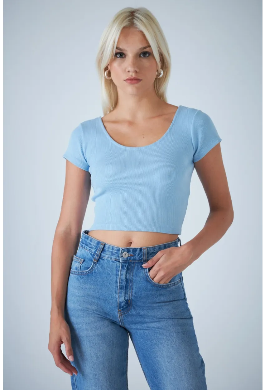 Kadın Mavi Ön Arka U Bluz EV57