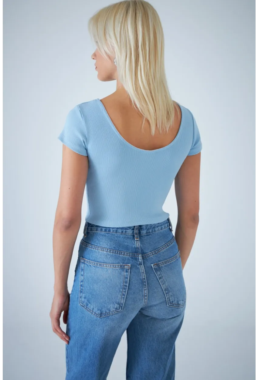 Kadın Mavi Ön Arka U Bluz EV57