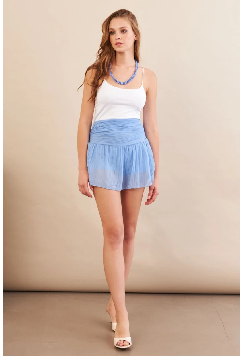 Kadın Mavi Pileli Tül Şort Etek ZH092