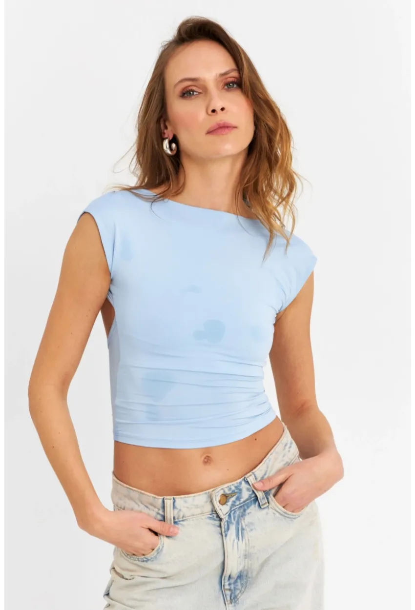 Kadın Mavi Sırtı Açık Crop Bluz ZH083