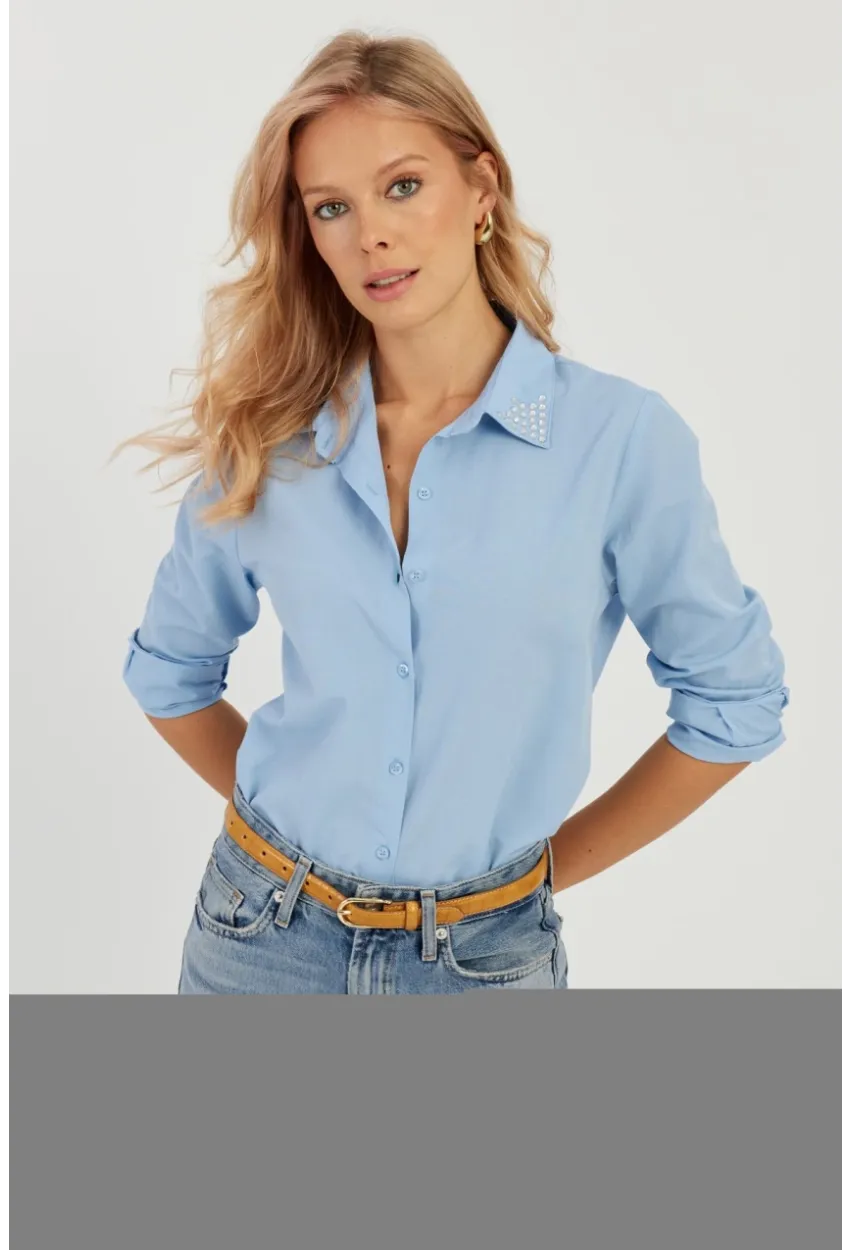 Kadın Mavi Taş Detaylı Gömlek ZER402