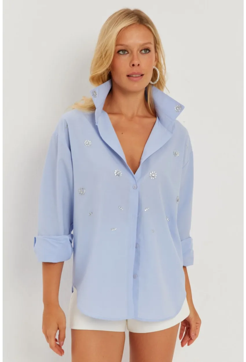 Kadın Mavi Taşlı Gömlek SF2550