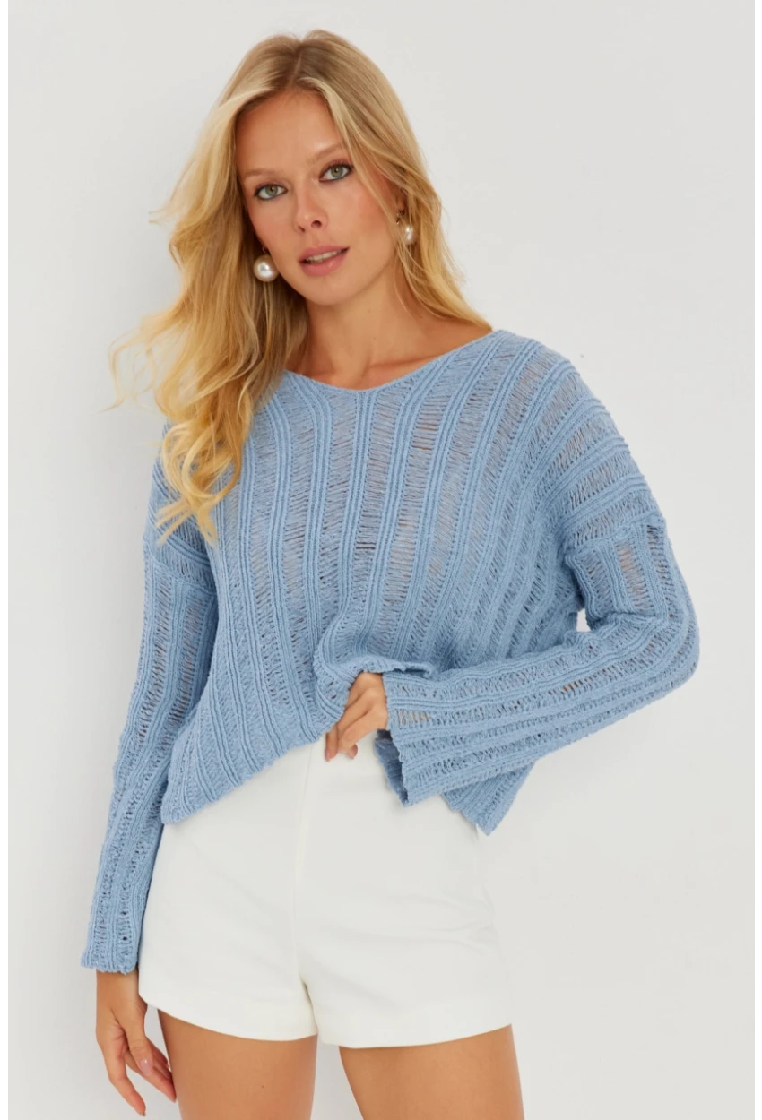 Kadın Mavi V Yaka Ajurlu Triko Bluz YV233-90