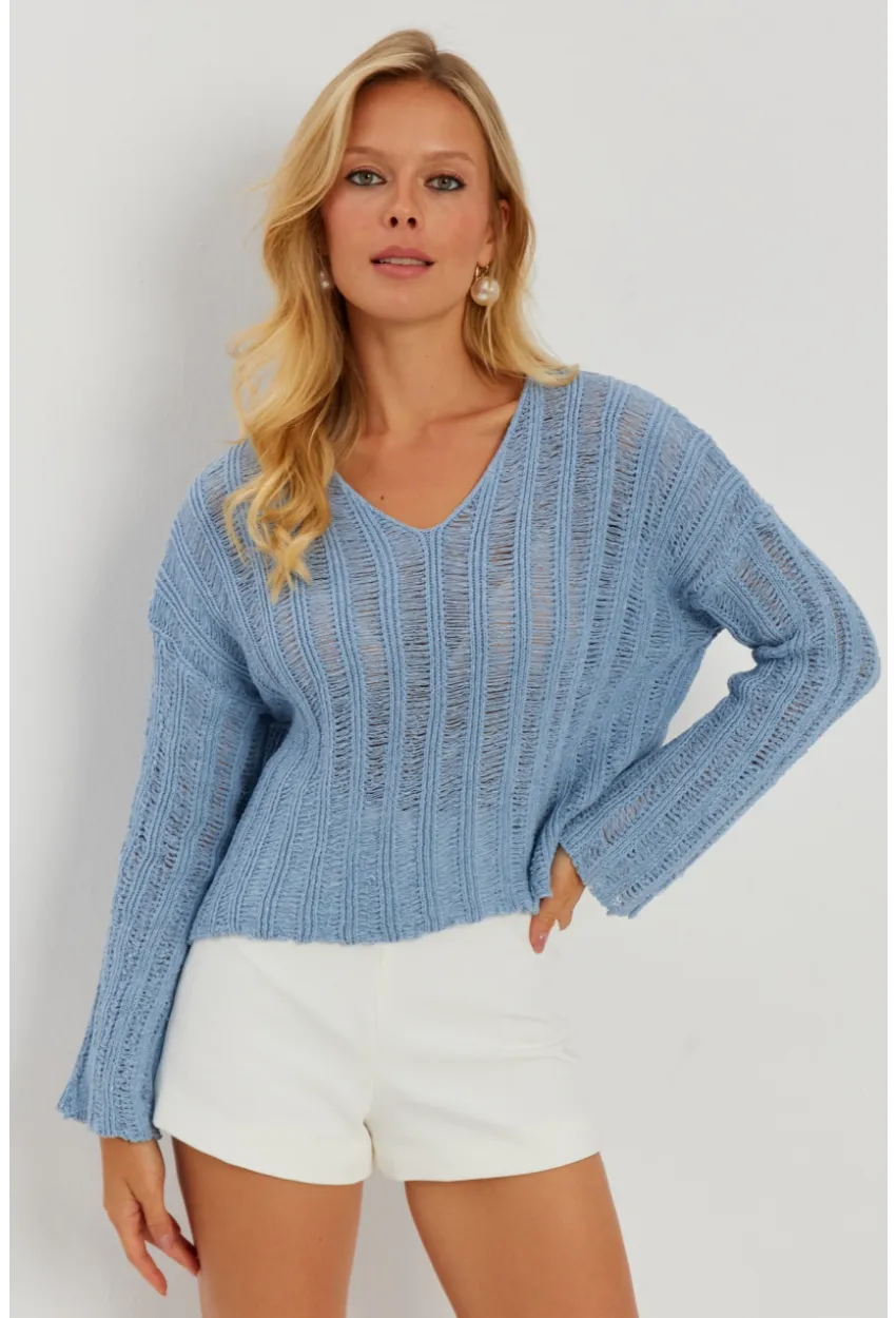 Kadın Mavi V Yaka Ajurlu Triko Bluz YV233-90