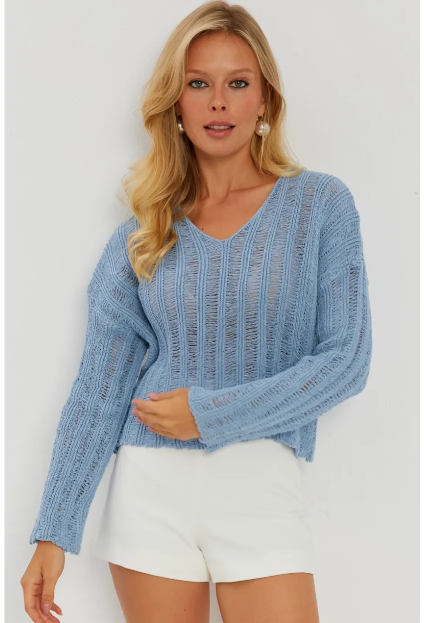 Kadın Mavi V Yaka Ajurlu Triko Bluz YV233-90