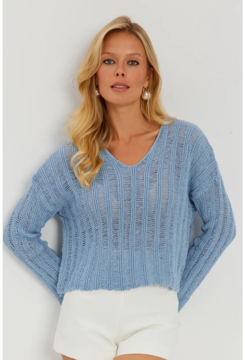 Kadın Mavi V Yaka Ajurlu Triko Bluz YV233-90