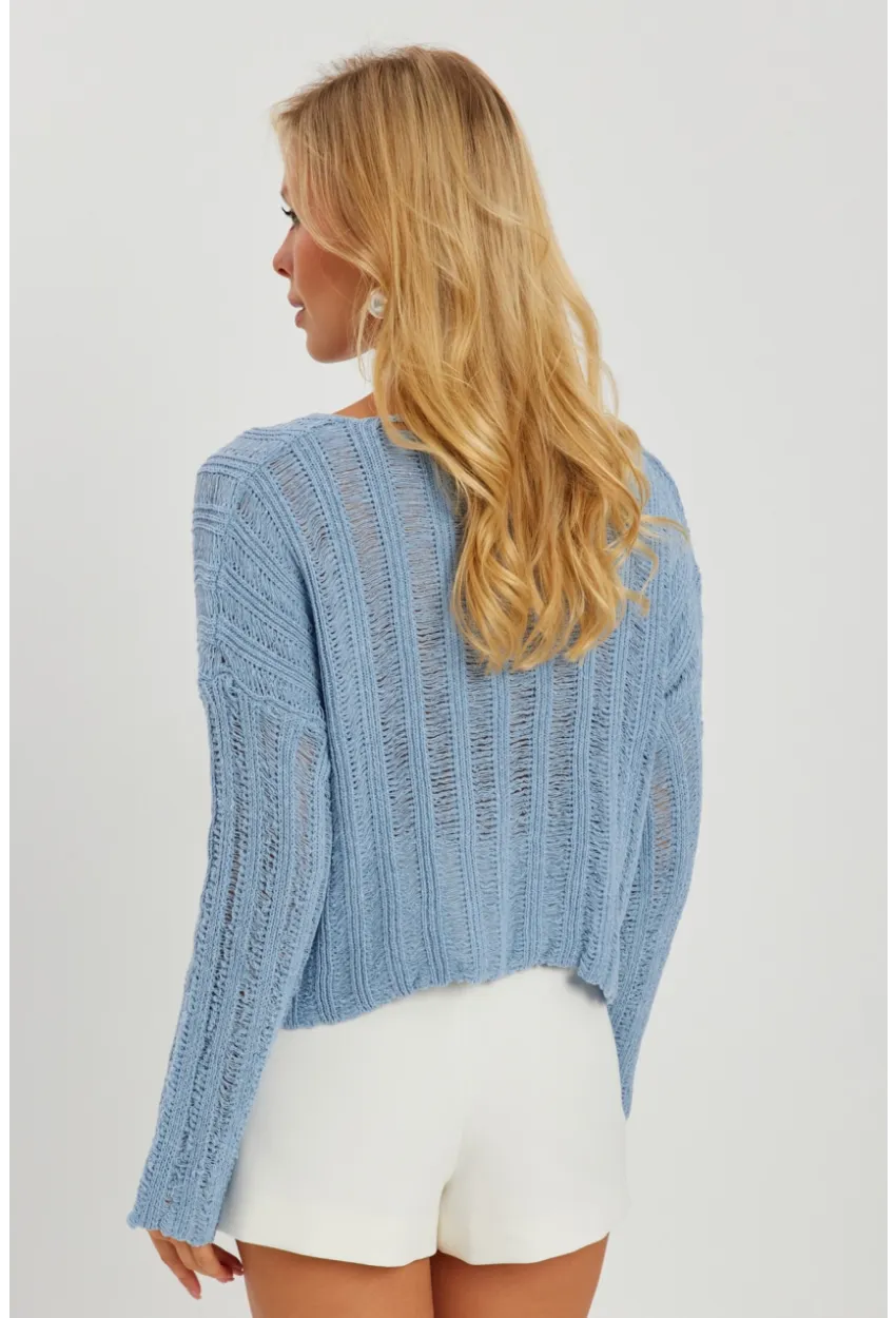 Kadın Mavi V Yaka Ajurlu Triko Bluz YV233-90