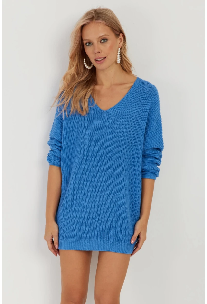 Kadın Mavi V Yaka Salaş Triko Bluz SMT158