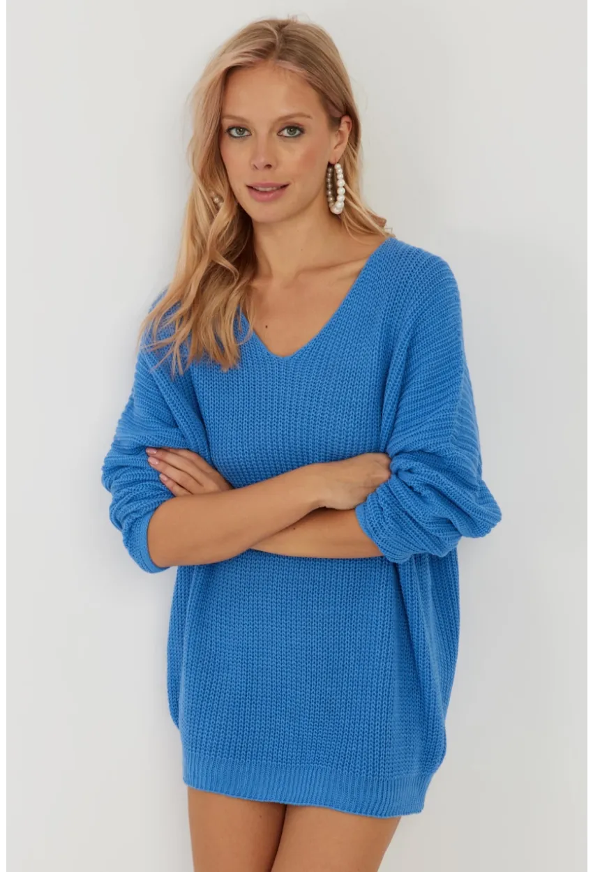 Kadın Mavi V Yaka Salaş Triko Bluz SMT158