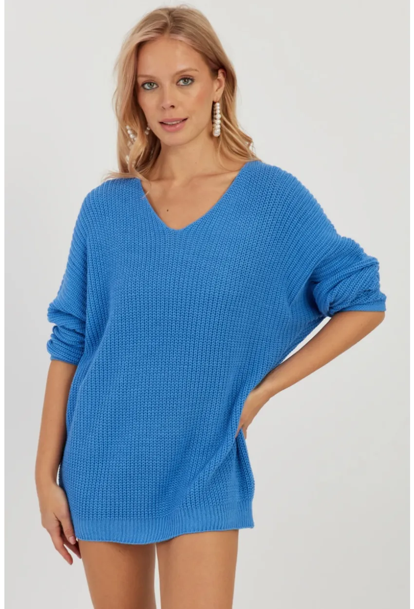 Kadın Mavi V Yaka Salaş Triko Bluz SMT158