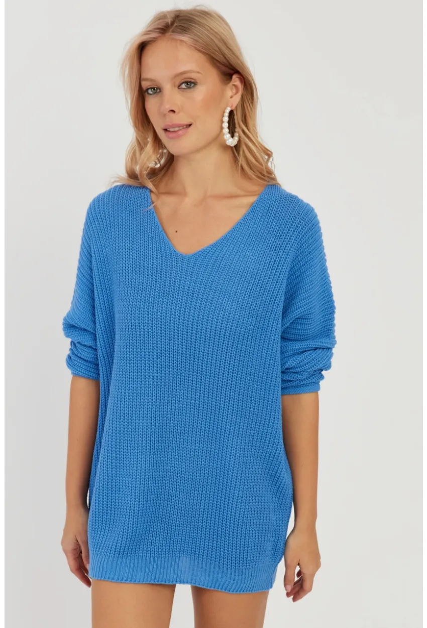 Kadın Mavi V Yaka Salaş Triko Bluz SMT158