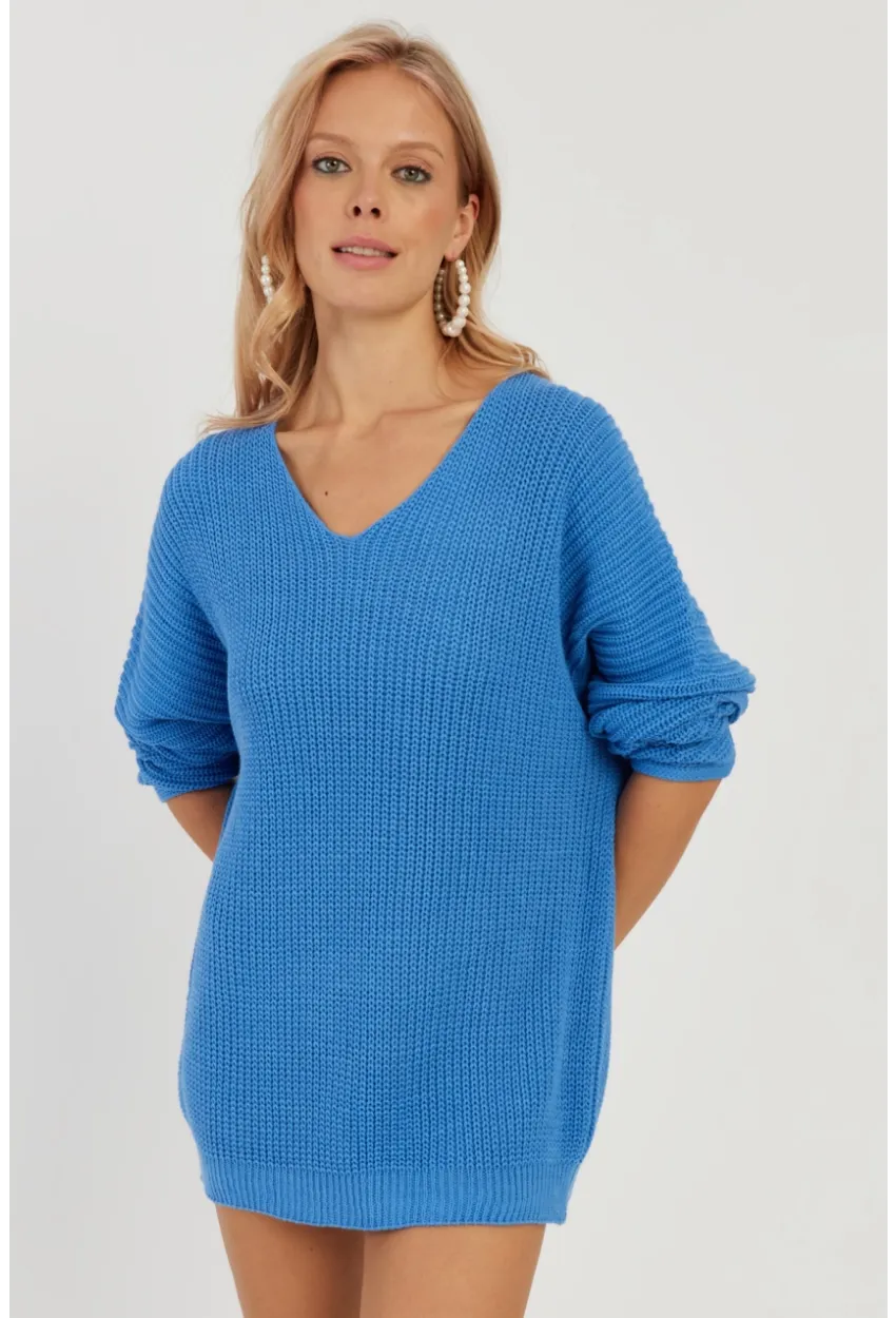 Kadın Mavi V Yaka Salaş Triko Bluz SMT158