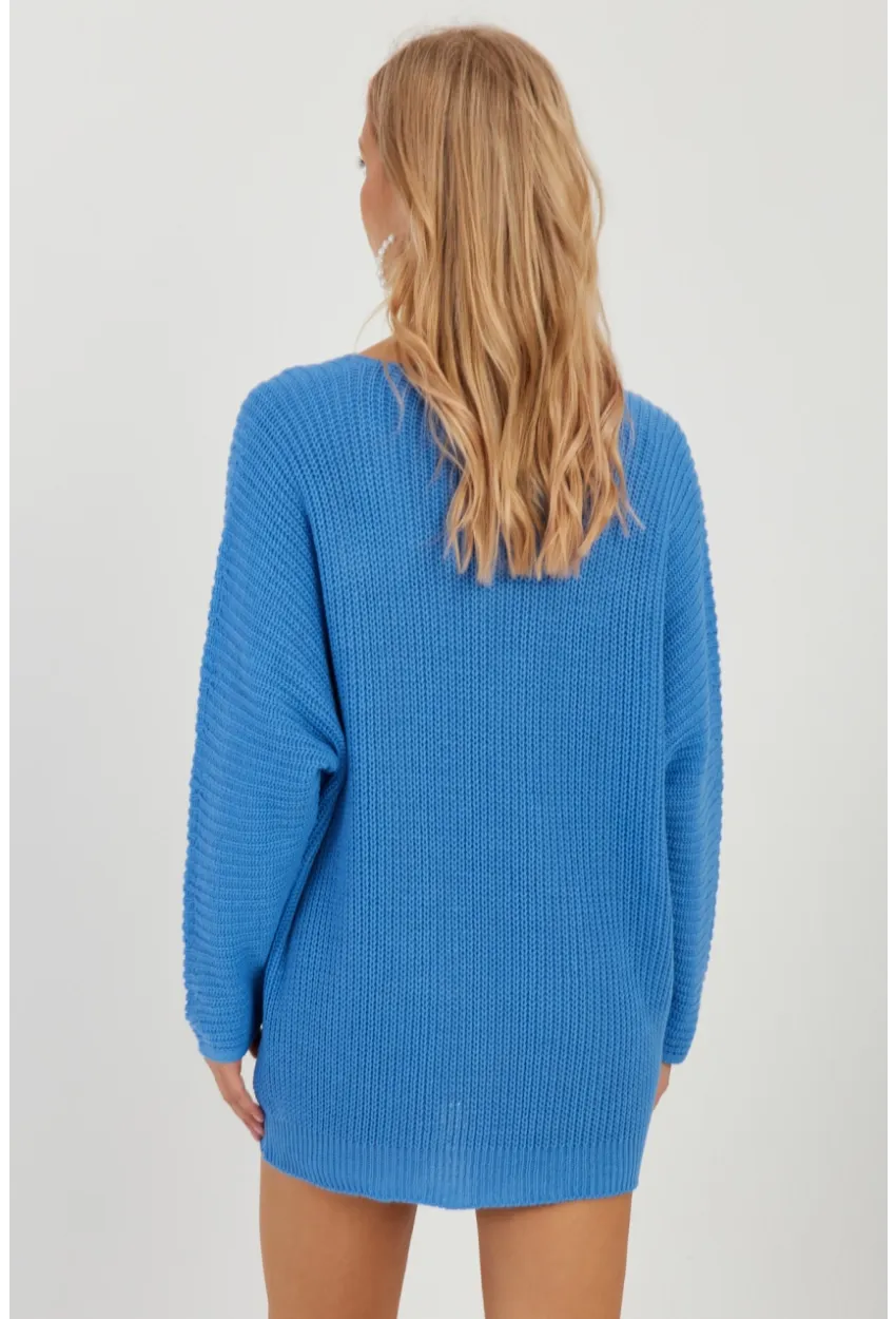 Kadın Mavi V Yaka Salaş Triko Bluz SMT158