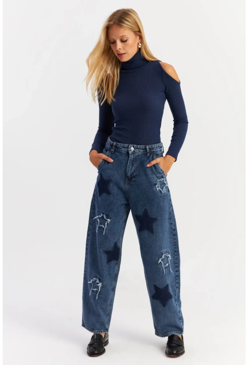 Kadın Mavi Yamalı Jean Pantolon AUR1