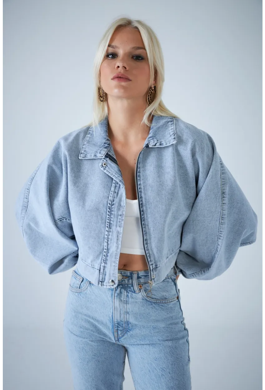 Kadın Mavi Yarasa Kol Denim Ceket TSS102