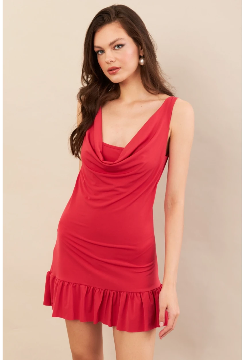 Kadın Mercan Degaje Yaka Mini Elbise COL0078