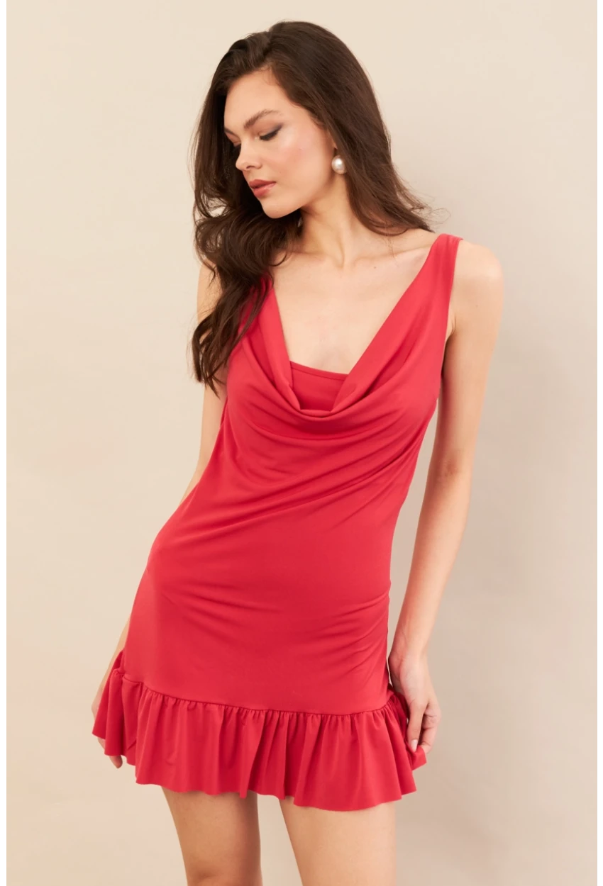 Kadın Mercan Degaje Yaka Mini Elbise COL0078