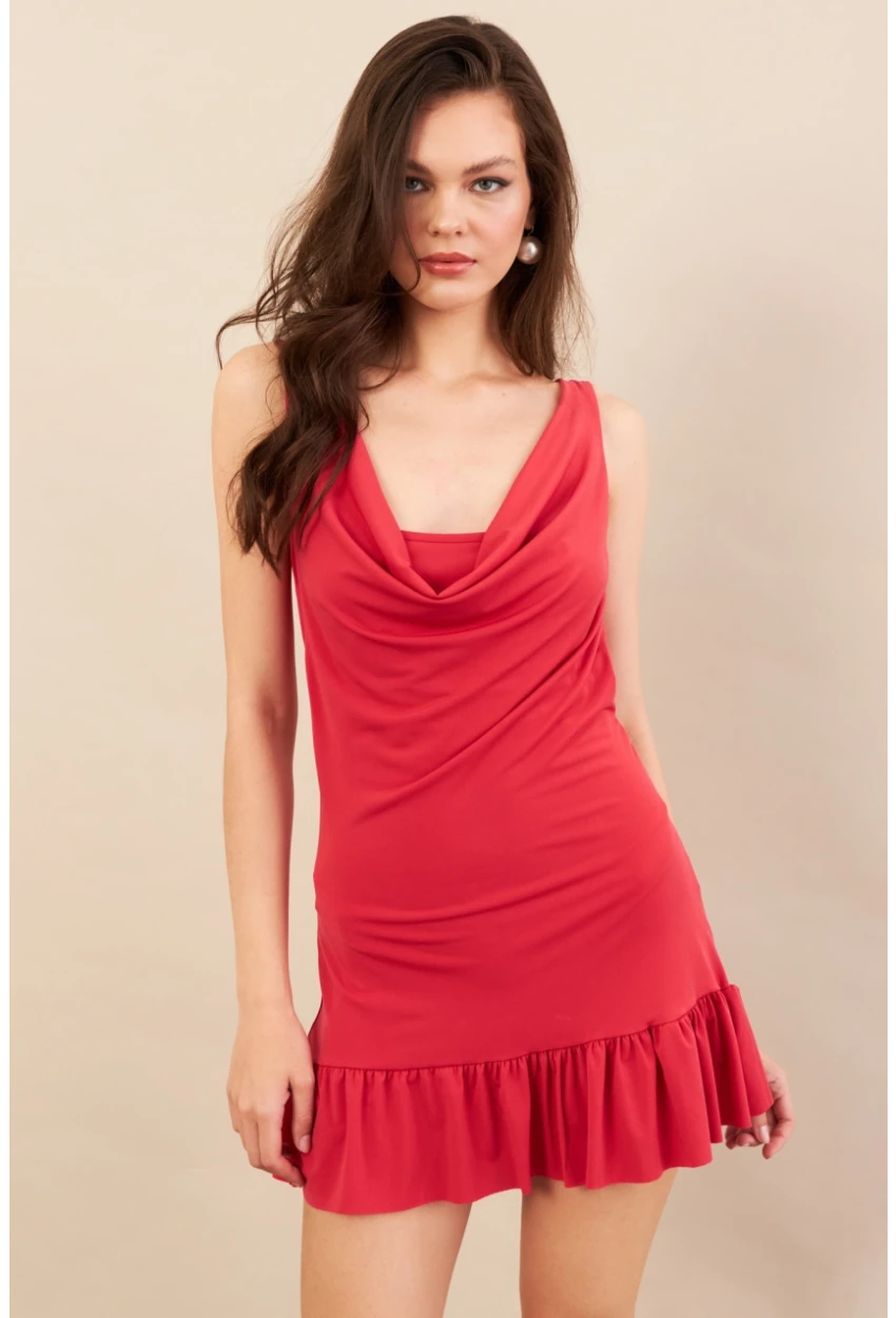 Kadın Mercan Degaje Yaka Mini Elbise COL0078