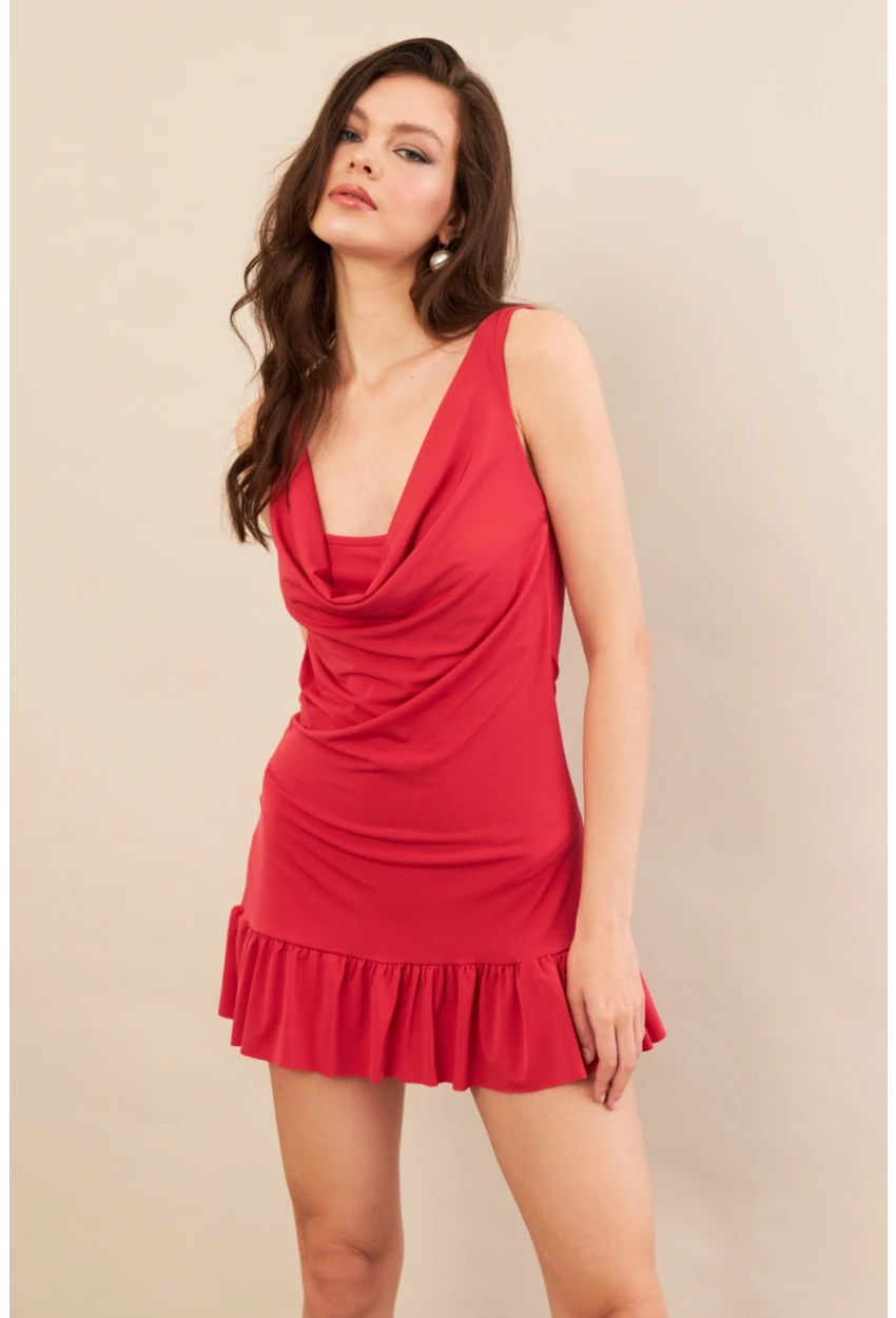 Kadın Mercan Degaje Yaka Mini Elbise COL0078